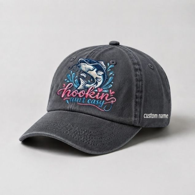 Hookin Ain't Easy Bass Fish Embroidered Hat, Custom Name Fishing Cap for Women