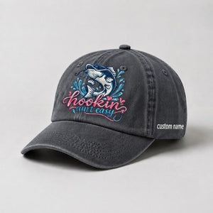 Hookin Ain't Easy Bass Fish Embroidered Hat, Custom Name Fishing Cap for Women - 1