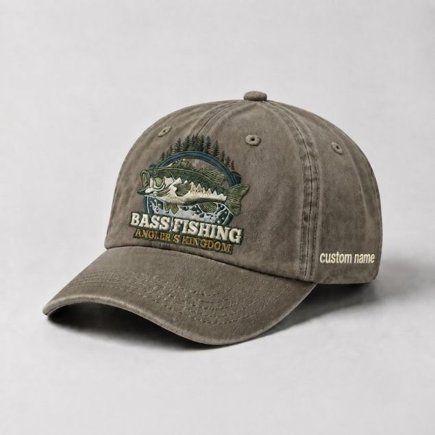 Bass Fishing Angler's Kingdom Cap Custom Name Embroidered Hat, Vintage Washed Black Dad Hat