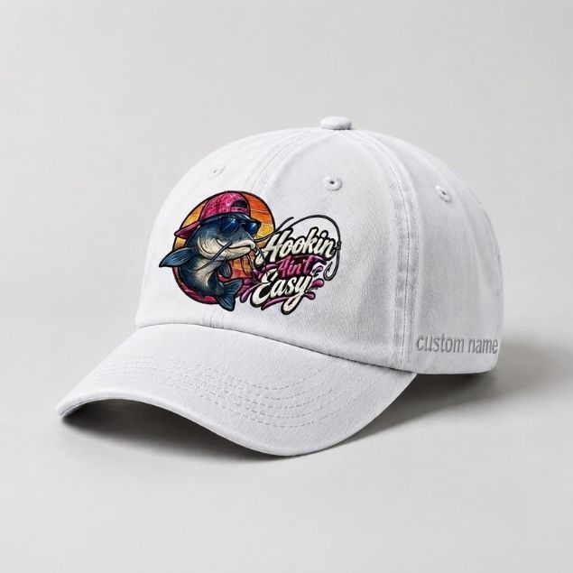 Hookin Ain'T Easy Catfish Fishing Hat Custom Name Embroidered Hat, Funny Angler Gift