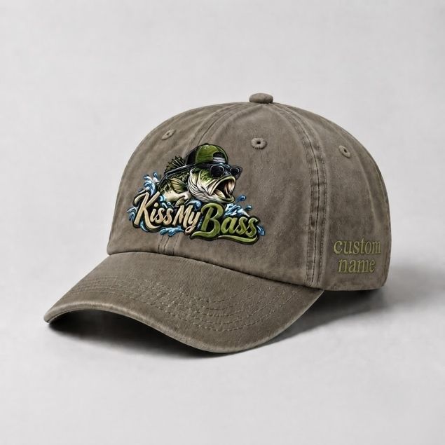 Kiss My Bass Custom Name Embroidered Hat, Largemouth Bass Sunglasses Fishing Hat