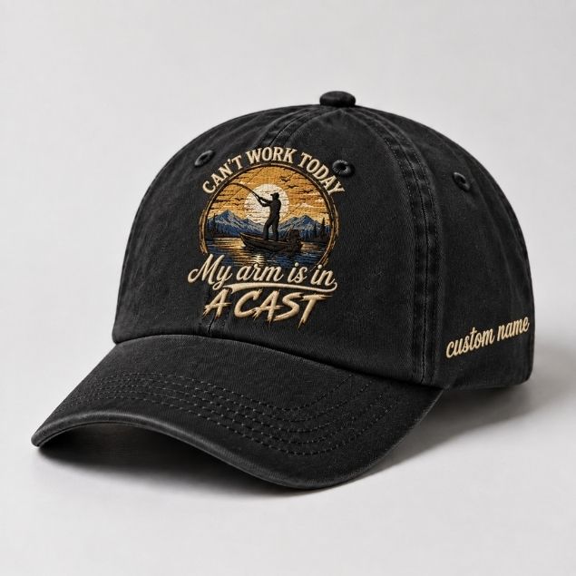 Can't Work Today My Arm Is In A Cast Embroidered Fishing Hat, Custom Name Personalized Baseball Cap, Angler Boat Sunset Embroidery Hat