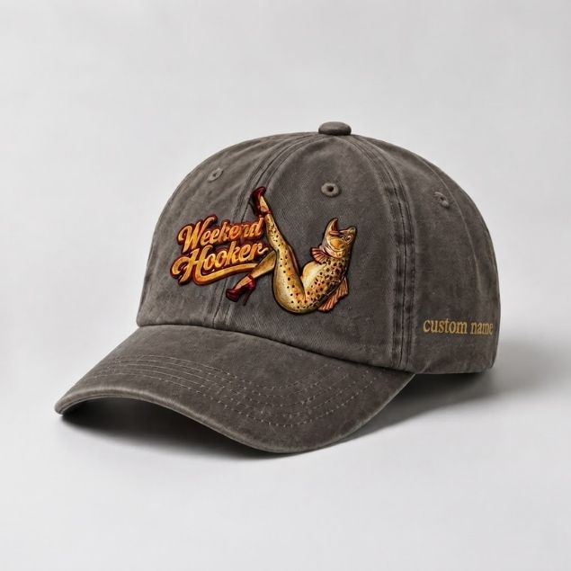 Weekend Hooker Custom Name Brown Trout Hat, Funny Fishing Embroidered Cap