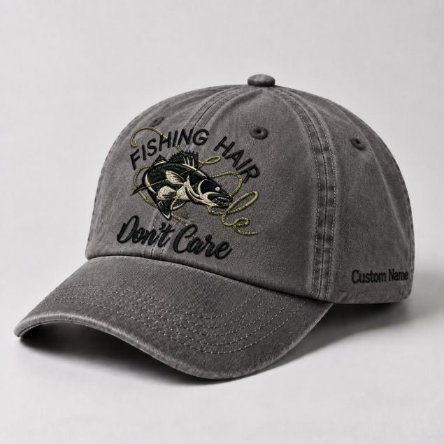 Fishing Hair Dont Care Hat Funny Bass Fishing Embroidered Dad Cap Custom Name