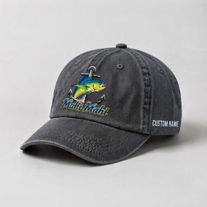 Mahi Mahi Custom Name Embroidered Fishing Hat, Dorado Fish Anchor Cap - 1