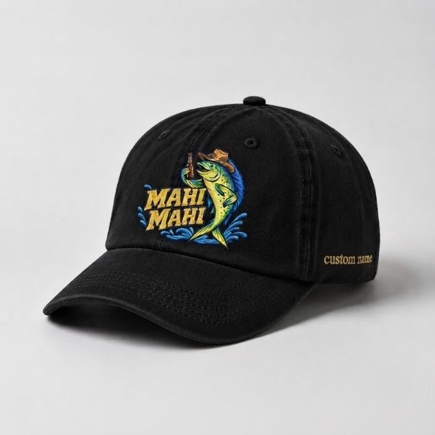 Mahi Mahi Beer Hat Custom Name Embroidered Fishing Cap, Funny Offshore Angler Gift
