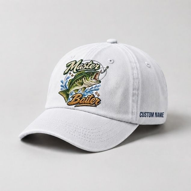 Master Baiter Bass Fishing Hat, Largemouth Bass Embroidered Cap with Custom Name