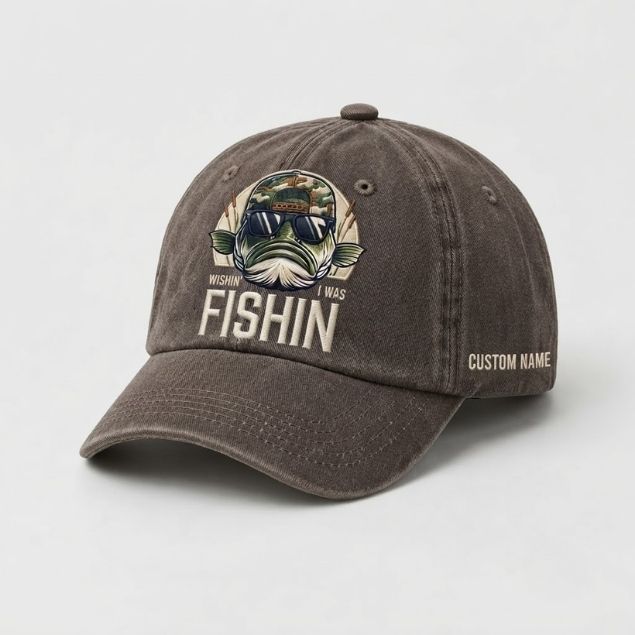 Wishin' I Was Fishin Custom Name Embroidered Hat, Personalized Funny Bass Fishing Cap with Vintage Angler Stitch Design