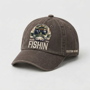 Wishin' I Was Fishin Custom Name Embroidered Hat, Personalized Funny Bass Fishing Cap with Vintage Angler Stitch Design - 5