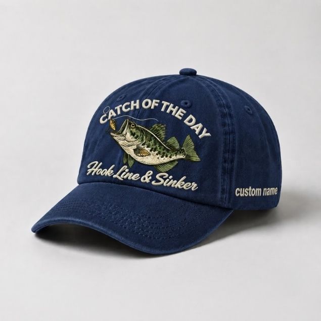 Catch Of The Day Hook Line & Sinker Custom Name Embroidered Hat, Personalized Bass Fishing Cap with Vintage Angler Stitch Design