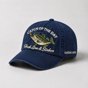Catch Of The Day Hook Line & Sinker Custom Name Embroidered Hat, Personalized Bass Fishing Cap with Vintage Angler Stitch Design - 3