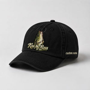 Kiss My Bass Custom Name Embroidered Hat, Hooked Largemouth Bass Fishing Cap - 2