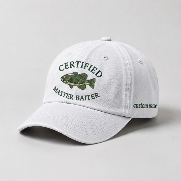 Certified Master Baiter Embroidered Hat, Custom Name Fishing Hat, Funny Bass Fishing Cap, Outdoor Angler Gift