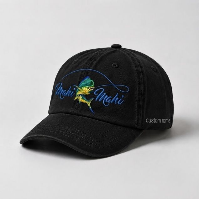 Mahi Mahi Custom Name Embroidered Fishing Hat, Dorado Fish Cap