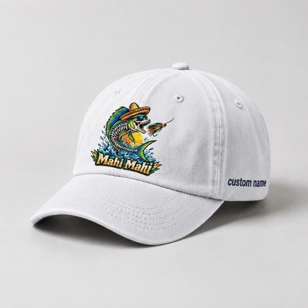 Mahi Mahi Custom Name Embroidered Fishing Hat, Skeleton Fish Hat