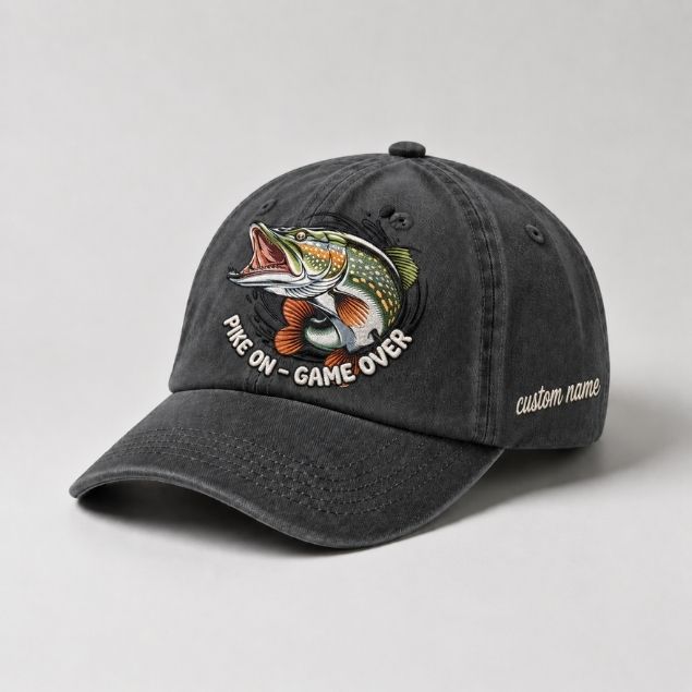 Pike On - Game Over Embroidered Dad Hat, Fishing Pike Fish Hat, Custom Name Personalized Cap, Vintage Outdoor Angler Hat