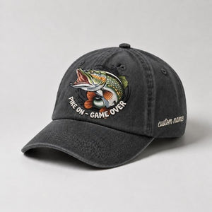 Pike On - Game Over Embroidered Dad Hat, Fishing Pike Fish Hat, Custom Name Personalized Cap, Vintage Outdoor Angler Hat - 1