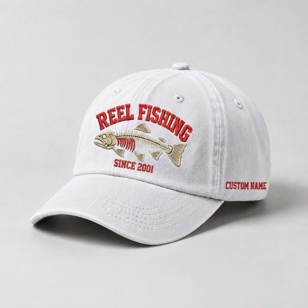 Reel Fishing Since 2001 Custom Name Embroidered Hat, Personalized Vintage Fish Skeleton Stitch Design Cap For Fishing Lovers