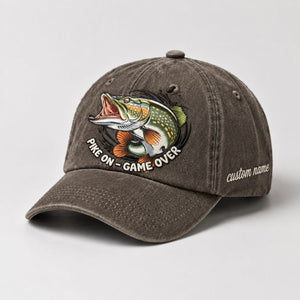 Pike On - Game Over Embroidered Dad Hat, Fishing Pike Fish Hat, Custom Name Personalized Cap, Vintage Outdoor Angler Hat - 5