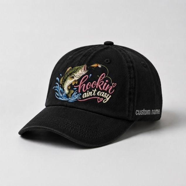 Hookin Ain't Easy Custom Name Largemouth Bass Fishing Embroidered Hat for Women