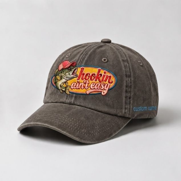 Hookin Aint Easy Bass Fish Custom Name  Embroidery Cap, Vintage Washed Cotton Hat For Women
