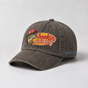 Hookin Aint Easy Bass Fish Custom Name  Embroidery Cap, Vintage Washed Cotton Hat For Women - 5