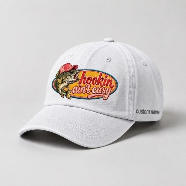 Hookin Aint Easy Bass Fish Custom Name  Embroidery Cap, Vintage Washed Cotton Hat For Women