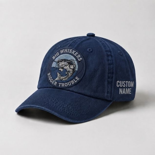 Big Whiskers Bigger Trouble Hat, Custom Name Embroidered Cap, Personalized Catfish Fishing Dad Hat