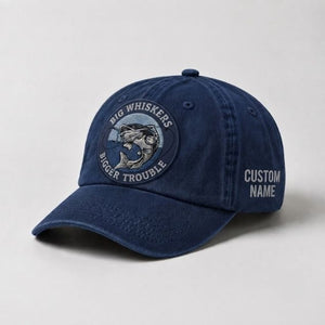Big Whiskers Bigger Trouble Hat, Custom Name Embroidered Cap, Personalized Catfish Fishing Dad Hat - 3