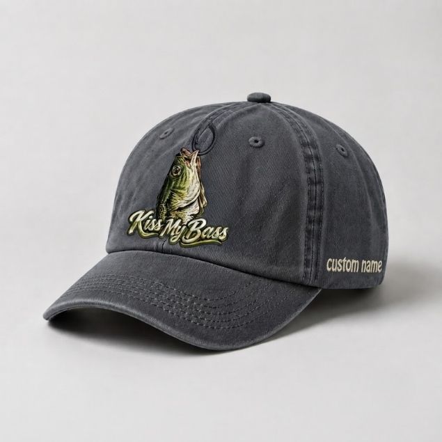 Kiss My Bass Custom Name Embroidered Hat, Hooked Largemouth Bass Fishing Cap
