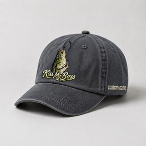 Kiss My Bass Custom Name Embroidered Hat, Hooked Largemouth Bass Fishing Cap - 1