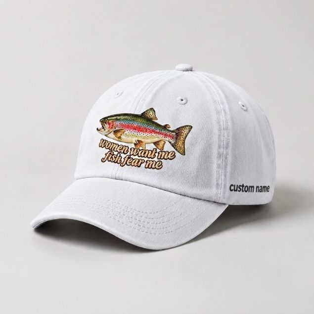 Women Want Me Fish Fear Me Rainbow Trout Custom Name Embroidered  Fishing Cap, Funny Trout Fisherman Gift