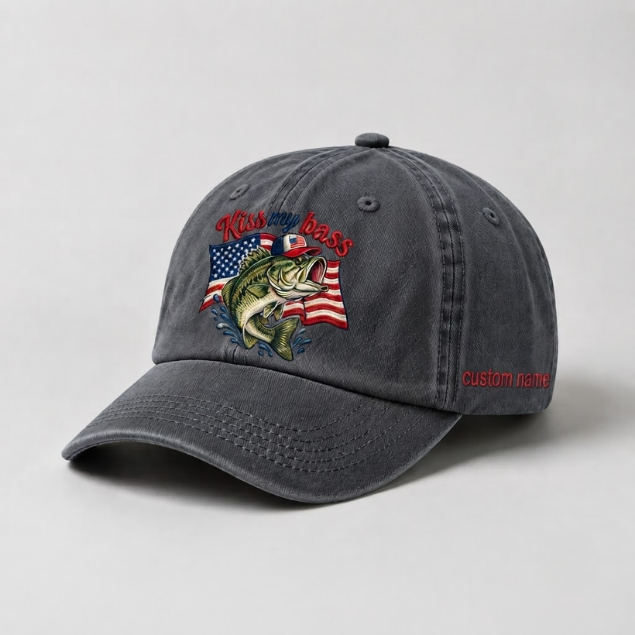 Kiss My Bass Custom Name Embroidered Hat Largemouth Bass USA Flag Fishing Cap