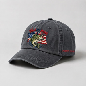 Kiss My Bass Custom Name Embroidered Hat Largemouth Bass USA Flag Fishing Cap - 1