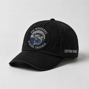 Big Whiskers Bigger Trouble Hat, Custom Name Embroidered Cap, Personalized Catfish Fishing Dad Hat - 2