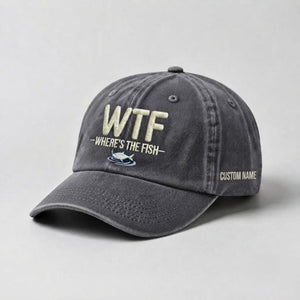 WTF Where's The Fish Custom Name Embroidered Vintage Washed Cotton Baseball Cap, Funny Fishing Gift Hat - 1