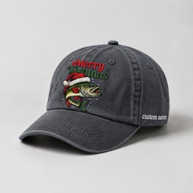 Merry Fishmas Custom Name Embroidered Hat, Personalized Christmas Fishing Cap with Santa Bass Fish Holiday Stitch Design