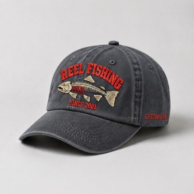 Reel Fishing Since 2001 Custom Name Embroidered Hat, Personalized Vintage Fish Skeleton Stitch Design Cap For Fishing Lovers