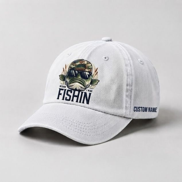 Wishin' I Was Fishin Custom Name Embroidered Hat, Personalized Funny Bass Fishing Cap with Vintage Angler Stitch Design