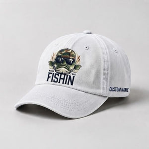 Wishin' I Was Fishin Custom Name Embroidered Hat, Personalized Funny Bass Fishing Cap with Vintage Angler Stitch Design - 4