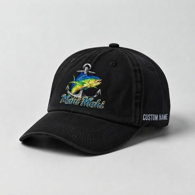 Mahi Mahi Custom Name Embroidered Fishing Hat, Dorado Fish Anchor Cap
