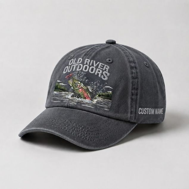 Old River Outdoors Embroidered Fishing Hat, Trout Fly Fishing Dad Hat, Custom Outdoor Adventure Baseball Cap, Nature River Angler Gift