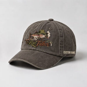 The Rod Father Fishing Custom Name Embroidered Hat, Vintage Washed Cotton Baseball Hat for Anglers - 5