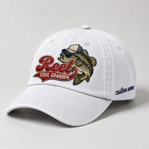 Grandpa Bass Fishing Dad Hat, Custom Name Embroidered Baseball Cap