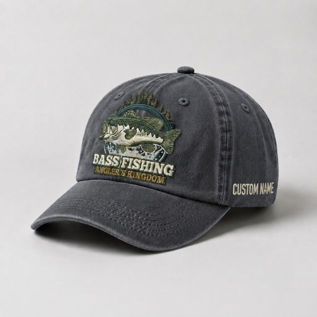 Bass Fishing Angler's Kingdom Cap Custom Name Embroidered Hat, Vintage Washed Black Dad Hat