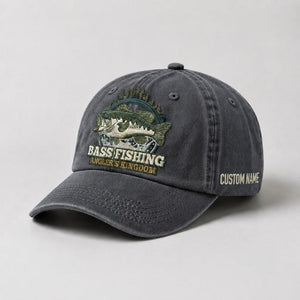 Bass Fishing Angler's Kingdom Cap Custom Name Embroidered Hat, Vintage Washed Black Dad Hat - 1