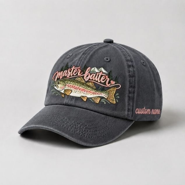 Master Baiter Trout Custom Name Embroidered Hat for Women, Cute Rainbow Trout Fish Embroidery Cap