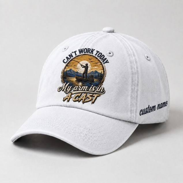 Can't Work Today My Arm Is In A Cast Embroidered Fishing Hat, Custom Name Personalized Baseball Cap, Angler Boat Sunset Embroidery Hat