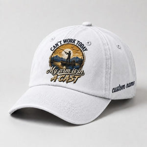 Can't Work Today My Arm Is In A Cast Embroidered Fishing Hat, Custom Name Personalized Baseball Cap, Angler Boat Sunset Embroidery Hat - 4