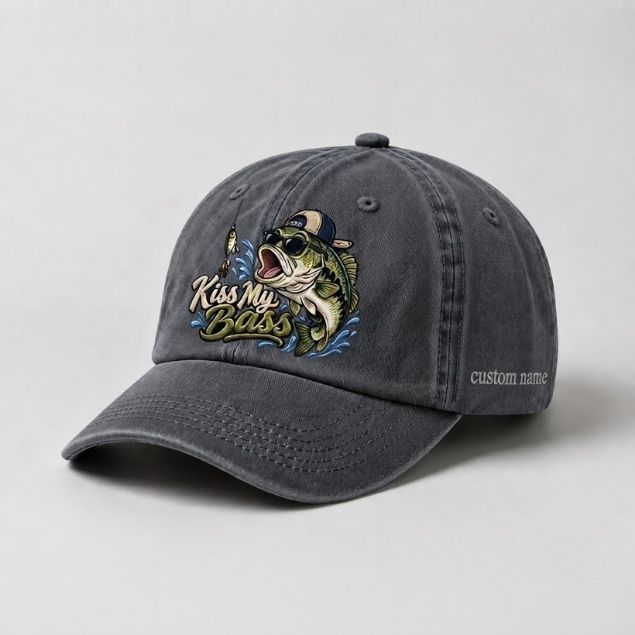 Kiss My Bass Custom Name Embroidered Hat, Funny Largemouth Fisherman Cap Gift